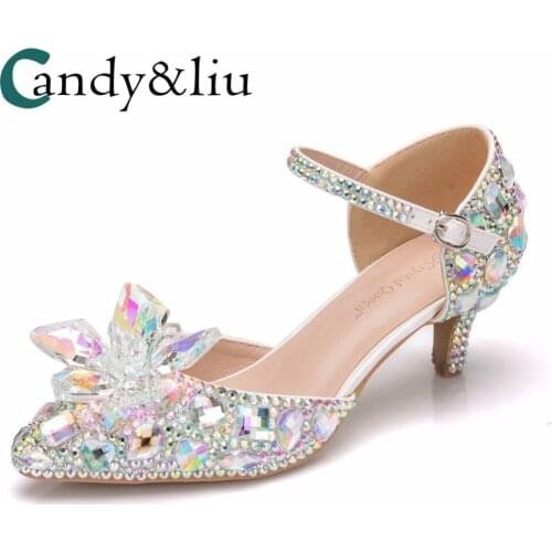 5 cm color water drill fine-heel sandals, short heels, low heels, large-size sandals, foreign trade crystal wedding shoes