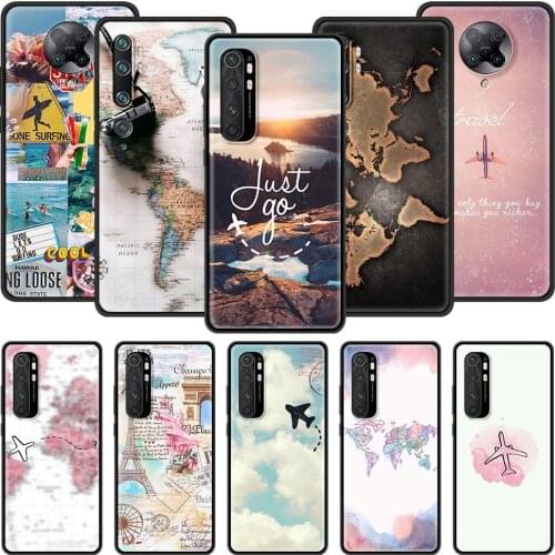 Phone Case for Xiaomi Mi 11 Poco X3 NFC F2 9T 10T Pro 9 SE 10 Lite 5G Note 10 CC9E Black Shell Cover World Map Travel Plans