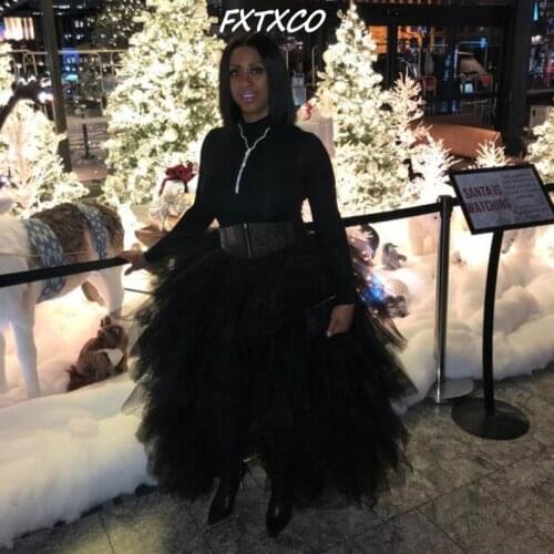 African Black Puffy Tulle Ruffles Tiered Long Tulle Skirts Bridal Women To Party Elastic Waist Ball Gowns