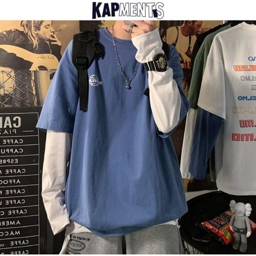 KAPMENTS Men Streetwear Letter Print T-shirts 2021 Mens Cotton Japanese Patchwork Loose Tshirts Man Hip Hop Long Sleeve T Shirts