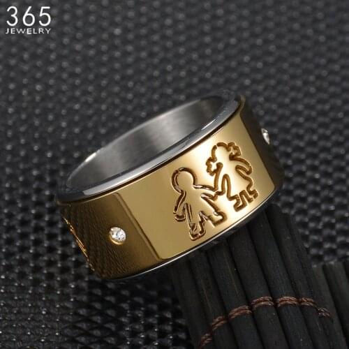 New 12mm Stainless Steel Turnable Boy Girl Ring For Women Men Gold Color Rhinestone Family Rings Engagement Jewelry