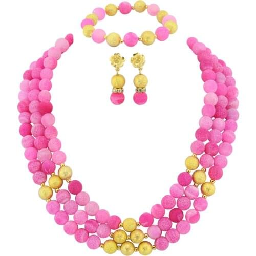 Elegant Lady Hot Pink hot Jewelry Set 10MM hot Necklace Holiday Party Necklace Nigerian Beaded Statement Necklace HD3211