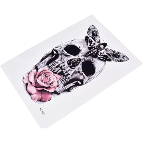 Cool Beauty Tattoo Temporary Tattoo Stickers 1Pc 21*15cm body art tattoo Waterproof Skull With Moth And Flower