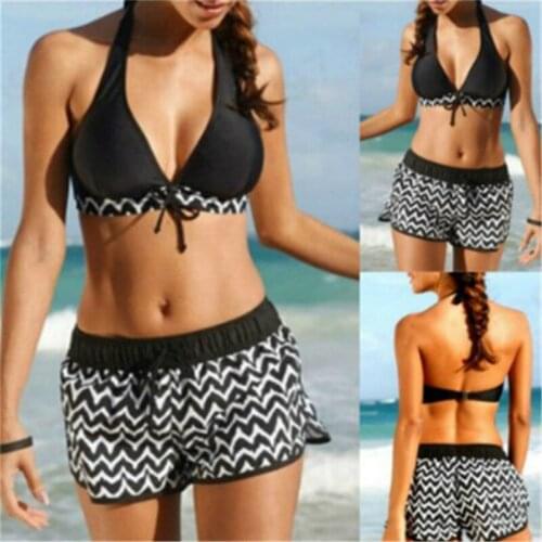 Swimsuit Two Pieces Tankini Women Swimming Suits Swimwear Patchwork Sexy Bikini Black Striped Printed Swim
