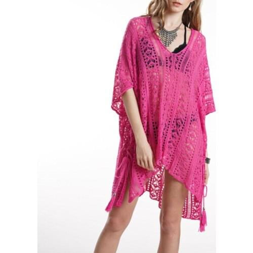 Summer Women Cover-Ups V Neck Crochet See-through Bikini Cover up Beach Party Loose Mini Dress Vestidos