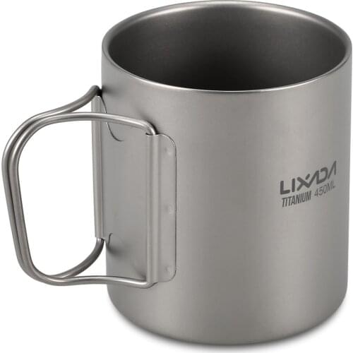 Lixada Titanium Double Wall Cup Water Coffee Tea Cup Mug w/Foldable Handle Camping Tableware Hiking Accessories Size 50ml-750ml