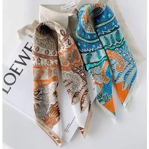 Luna&Dolphin Women Small Square Scarves 53x53cm 100% Real Silk Euporean Pattern Blue Bandanas Suit Decoration Headbands Kerchief