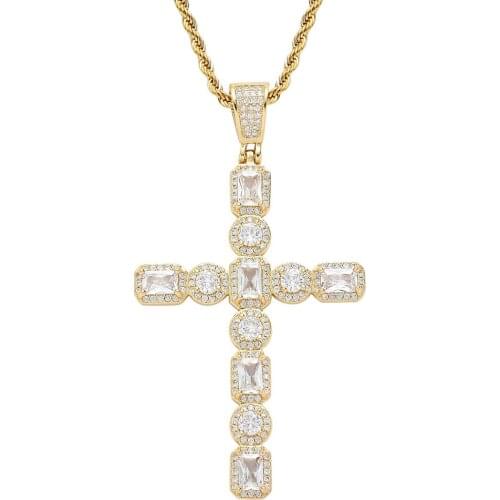 Hip Hop Square Round Big Zircon Cross Pendant Twist Chain Necklace Mens Trendy Rapper Hip Hop Accessories