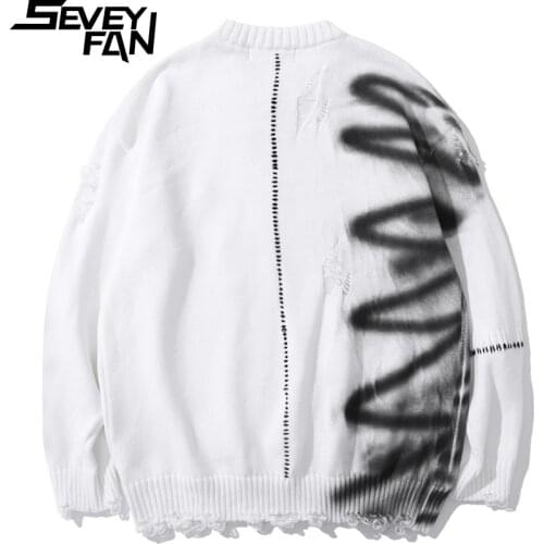 SEVEYFAN Mens Fashion Graffiti Hole Sweater Hip Hop Loose O Neck Knitwear New Autumn Pullover Sweaters for Couples