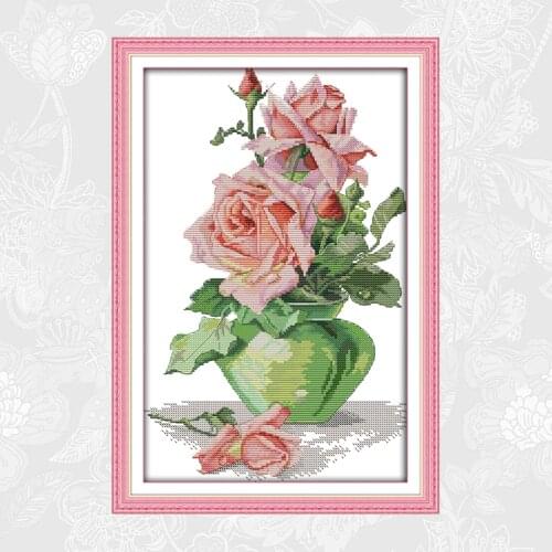 Pink Rose and Vase Patterns Aida Canvas Cross Stitch kit DMC Cotton Thread Embroidery Set DIY Needlework Home Decoration