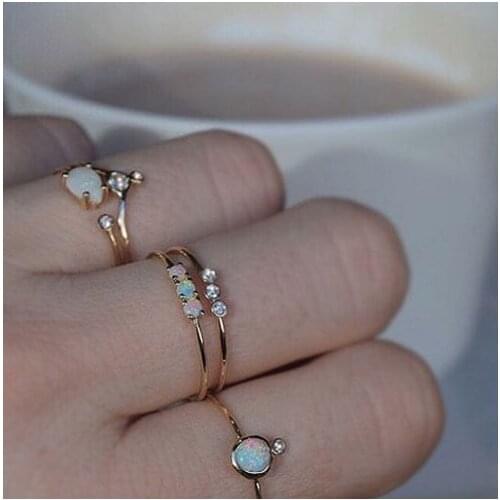 US size 6 7 8 9 10 Gold color prong set white fire opal simple three stone ring for women