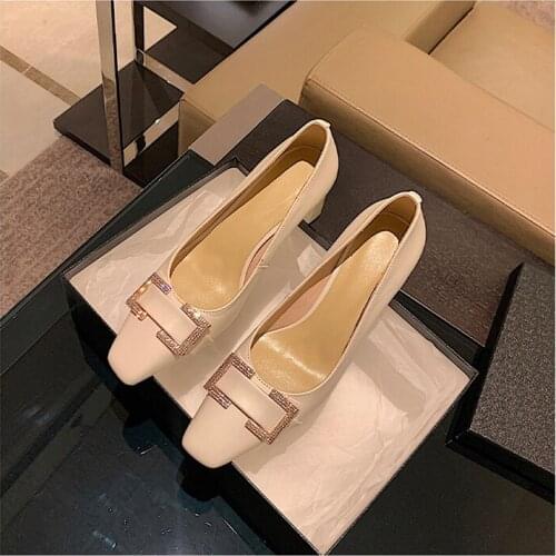 Osunlina 2021 New Fashion Pumps Square Toe Square Heels Genuine Leather Handmade Metal Design Shallow Elegant Work Leisure Shoes