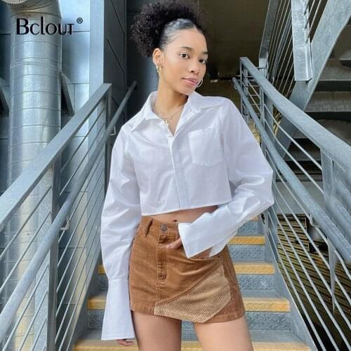 Bclout Solid Long Sleeve Short Shirts Women Sexy Turn Down Collar Crop Tops Female Street Single Breasted Pocket Blouses Ladies
