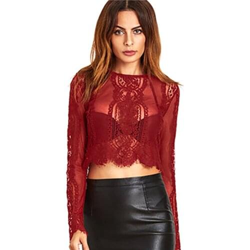OIONINOS 2019 Women Hollow Out T Shirt Transparent Long-Sleeved T-shirt Sexy Lace Mesh Casual Tulles Short See Through Tops