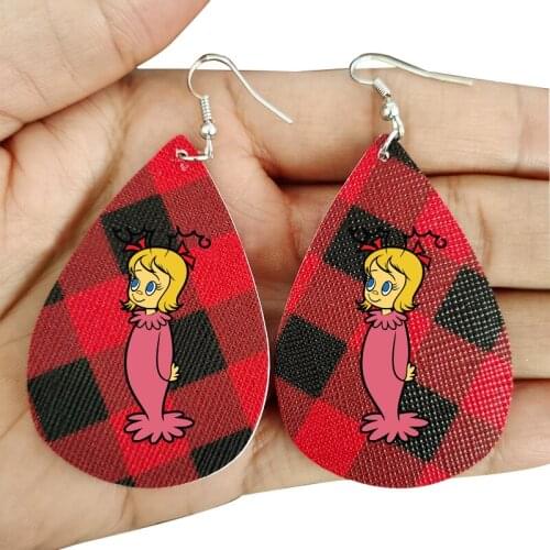 Wholesale Christmas Earrings Diy Faux Leather Grinch With Hat Santa Two Layes Black Red Buffalo Plaid Pattern Leaf