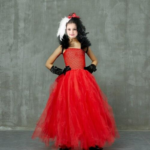 Cruella de Vil Villains Inspired Girls Tutu Dress with Feather Headband Halloween Carnival Cosplay Costume Kids Fancy Gown Dress