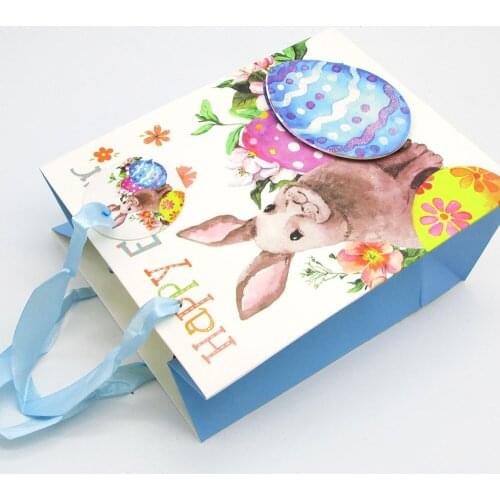 Happy Easter Gift Packaging Bag Cartoon Shiny Sticker Easter Bunny and Egg Paper Tote Bags for Childrens Garden Activities