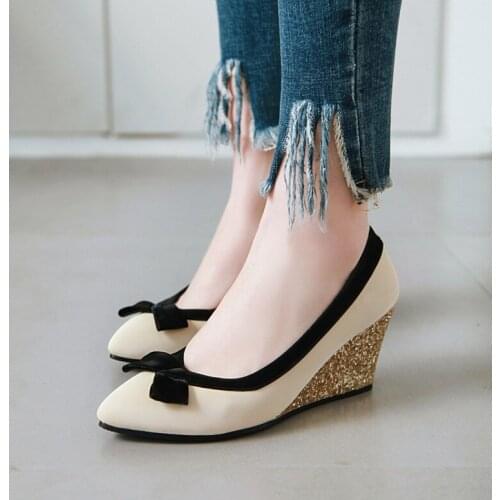 PXELENA Elegant Shoes Women Sequined Wedge High Heels Pumps Bordered Bowknot Slip On Office Ladies Dress Shoes 2019 Spring New