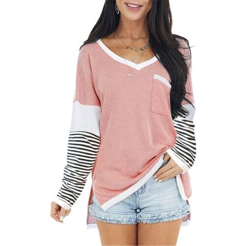 Plus Size Womens Tops And Blouses Womens Casual Long Sleeve Round Neck Splicing Stripes Blouses Tops Blusas Mujer De Moda 2021