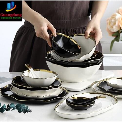 Luxury Dinner Plates with Glod Rim Ceramic Salad Noodel Soup Bowl Fish Platter Dish Spoon Dinnerware Set Crockery White Black
