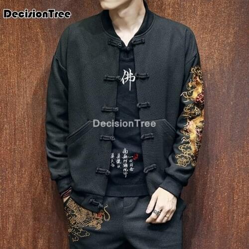 2021 men traditional chinese tops long sleeve two sided cotton kungfu mandarin collar dragon embroidery tang suit shirt set