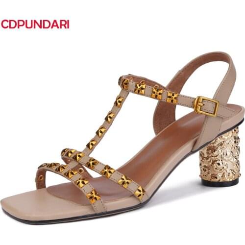 Rivet Punk Genuine Leather Ankle Strap High Heels Sandals Women Summer Casual Shoes Sandales Femmes 2021 Sandalias Mujer