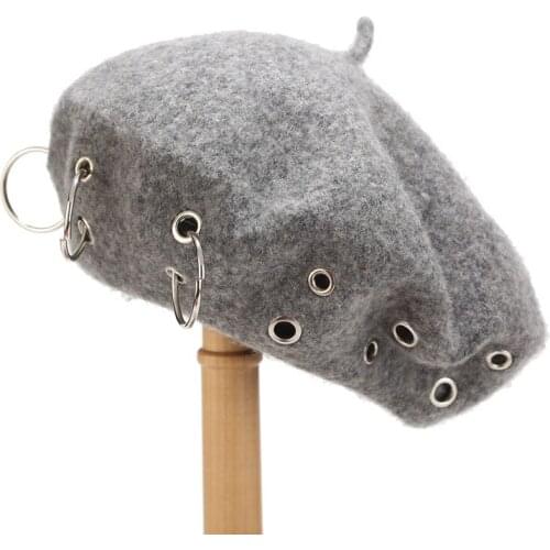 Fashion Womens Cap Personality British Woolen Autumn Winter Warmth Solid Color Retro Iron Ring Decoration Literary Hat Ladies