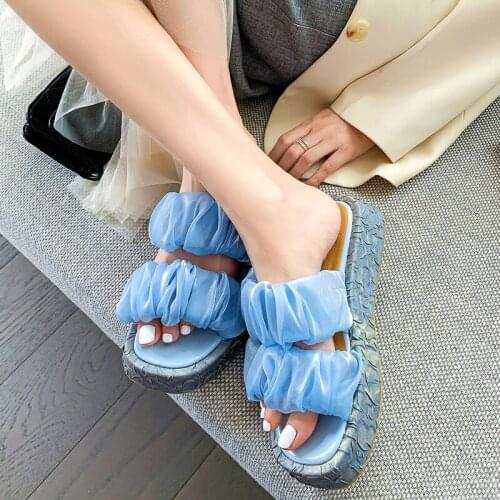 Summer Women Slippers Ladies Platform Comfort Net Yarn Pleated Slides Female Casual Open Toe Outside Square Head Shoes