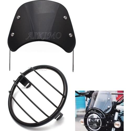 Old School Metal Motorcycle Headlight Grill Side Mount Cover+Black Windshield Wind Deflector Windscreen Universal for Headlight
