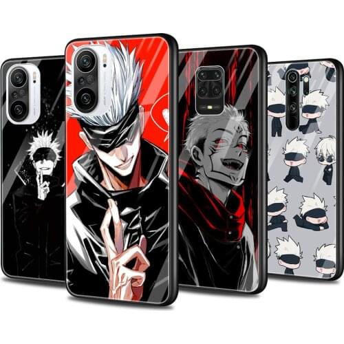 Glass Phone Case for Xiaomi Redmi Note 9S 7 9 8 10 Pro Max 8T 9c 9A 9T Glass Cover for Redmi K40 K30 K20 Anime Jujutsu Kaisen