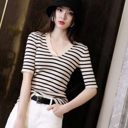 Retro striped sweater womens short-sleeved summer slim thin section hedging v-neck stretch t-shirt top bottoming shirt tees
