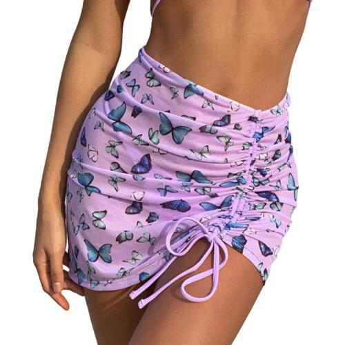 Women Summer Beach Skirt Sheer Butterfly Print High-Waist Drawstring Sun-Proof Swimsuit Cover for Girls 3 Colors