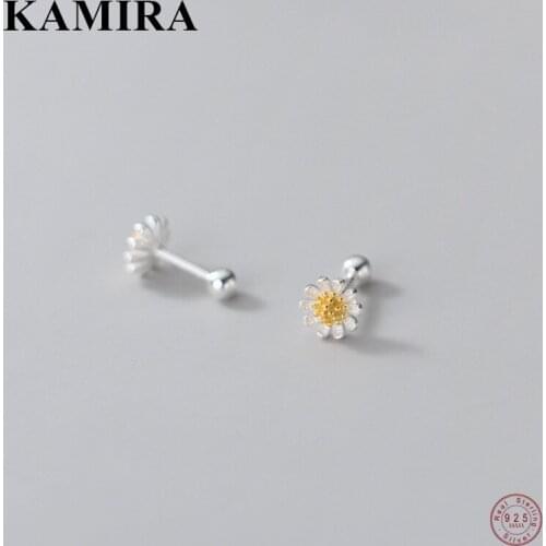 KAMIRA 925 Sterling Silver Trendy Korean Cute Daisy Spiral Bead Stud Earrings for Women Teen Anniversary Simple Jewelry Gift 피어싱
