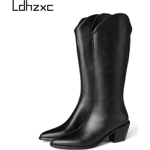 LDHZXC 2020 Hot Sale Autumn winter Lacing Knee High Boots Women Fashion high Heel Woman Leather Shoes Winter PU Large Size 43 45