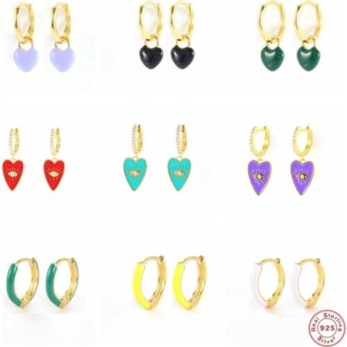 S925 Sterling Silver CZ Hoop Earring Cute Candy Color Dripping Oil Love Heart Eye Women Earrings Jewerly pendientes plata 925