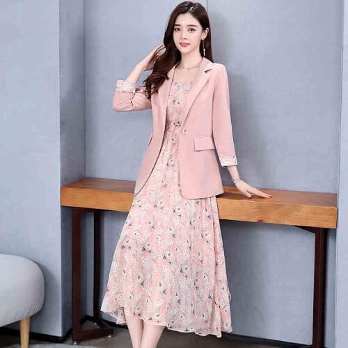 Fashion Blazer + Strap Dress For Women Summer Costume Lady Office Pockets Jacket 2 Piece Sets Female Floral Streetwear Suit H156