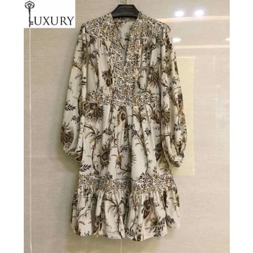 2020 Top Quality New Autumn Hot Sale Women V-Neck Tropical Print Long Sleeve Casual Cotton Dress Vestidos Party Ladies