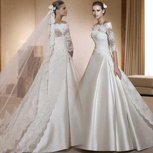 2016 Elegant A Line Off the Shoulder Satin Tulle Lace Top Half Sleeves Wedding Dresses