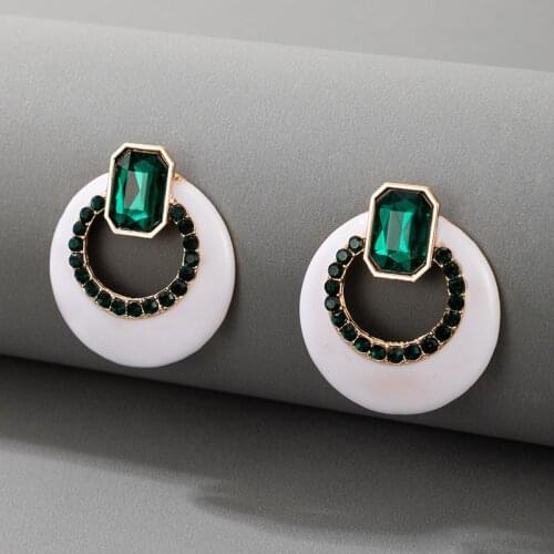 Docona Luxury Green Crystal Stud Earring for Women Charming Dropping Oil Hollow Round Metal Alloy Party Jewelry сережки 19589