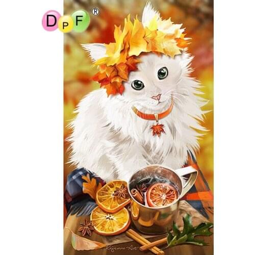 DPF Round full Diamond painting White Kitten Tea 5D Diamond Embroidery Needlework Cross Stitch diamond Mosaic home decor crafts