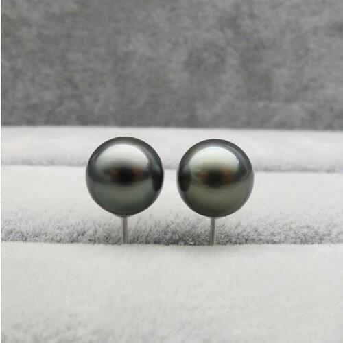 Exclusive design Free Shipping 18K White Gold Round Black Tahitian Sea Cultured Pearl Earrings 8.5-9mm