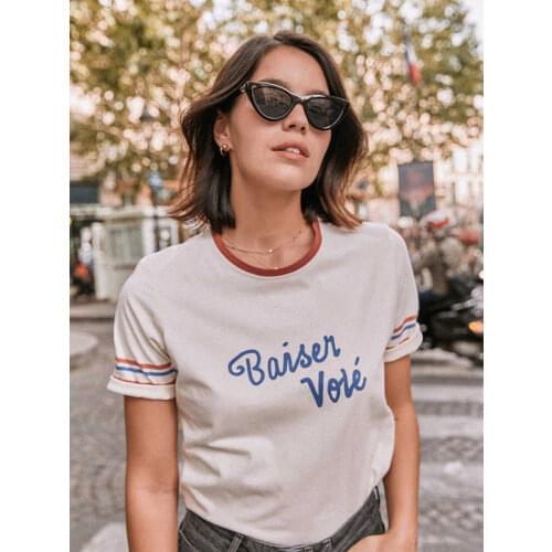 Striped Letter Print Tee Shirt Summer Women Clothing Round Neck Short Sleeve Cotton T-shirt Female Vinatge Casual Chic Tees Tops