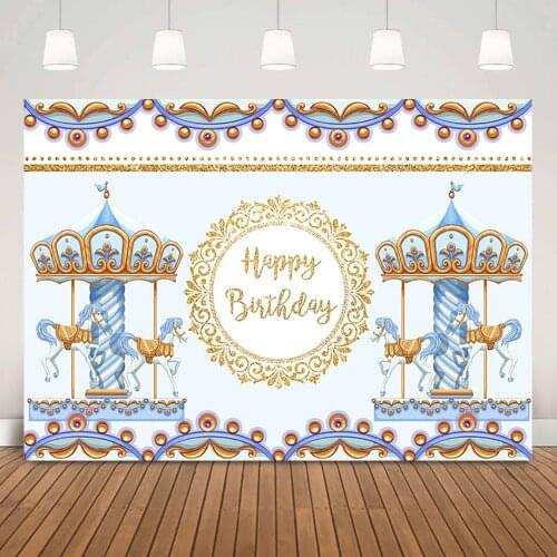 Carousel Carnival Children Happy Birthday Backdrop for Party Decorations Blue Carousel Kids Birthday Background Photo Shoot