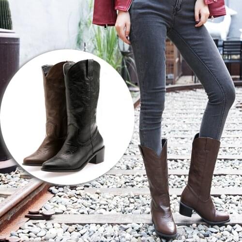 Classic embroidery Pointed Toe Chelsea Boots Women Knee High Cowboy Boots Cossacks Western Cowgirl Boots Femal Shoes Botas Mujer