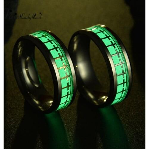 FairLadyHood Glow In The Dark Christian Cross Gold Silver Color Ring Titanium Stainless Steel For Men Women Bijoux