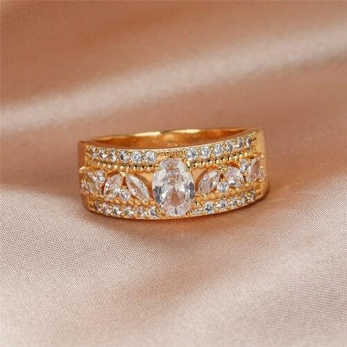 White Oval Stone Ring Vintage Fashion Yellow Gold Crystal Zircon Rings For Women Wedding Jewelry Female Luxury Engagement Ring