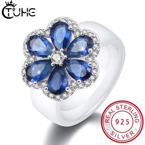 New 925 Sterling Silver Flower Ceramic Ring For Women With Blue Crystal Fashion Trendy Wedding Jewelry With 8mm Smooth Ring Gift
