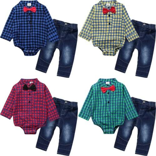 For Baby Boy Toddler Kid Bodysuit Set For Newborn Romper Clothes Set New Wholesale Gentleman Plaid T-Shirt+Jeans Infant 6-24M