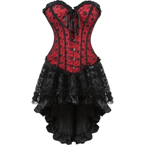 Corset and Skirt Steampunk Gothic Slimming Lace Overlay Bustier Dress Lace Up Boned Korsage Sexy Femme Carnival Party Clubwear