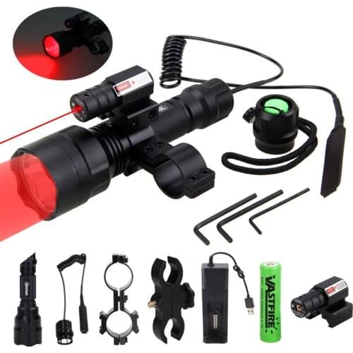 C8 Red Tactical Hunting Flashlight Rifle Weapon Gun Light+Laser Dot Sight Scope+Switch+2*20mm Rail Barrel Mount+18650+Charger